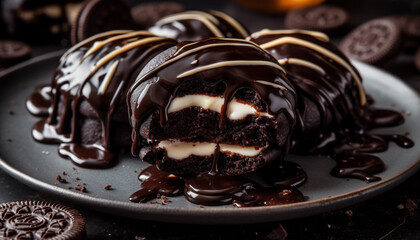 A close up of a homemade chocolate dessert on a wooden plate generated by AI