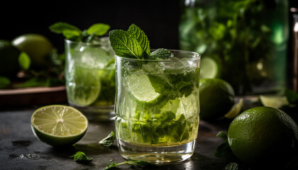 Fototapeta premium Refreshing mojito cocktail with lime, mint, and citrus fruit slice generated by AI