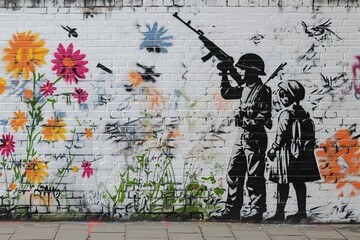 The white brick wall is transformed into a canvas, showcasing a mural that juxtaposes the themes of war and peace.