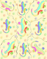 Seamless abstract pattern with hand-drawn lizards. Colorful geckos background. Talavera ornamental ceramic. Ethnic folk ornament.Flat lizard pattern. Universal lizard to use for web and mobile.