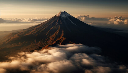 Majestic mountain peak, surrounded by fog, under a blue sky generated by AI