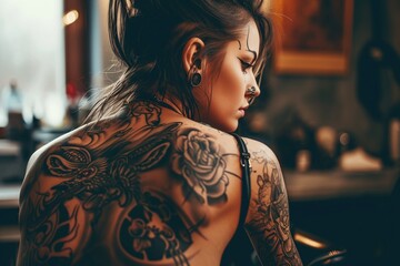 Inside a tattoo studio, a woman undergoes the transformative process of receiving a new tattoo. - obrazy, fototapety, plakaty