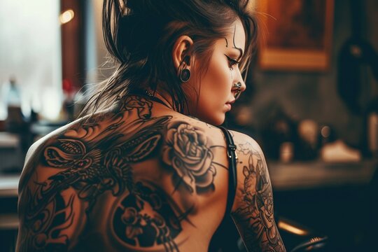 Inside a tattoo studio, a woman undergoes the transformative process of receiving a new tattoo.