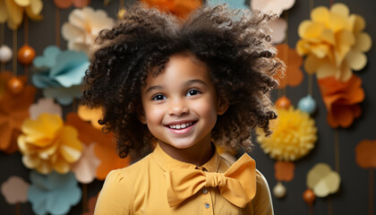 Smiling African girl with curly hair holds yellow flower generated by AI