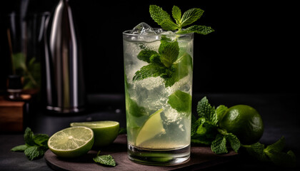 Cocktail ice mint leaf culinary drink mojito lime alcohol freshness generated by AI