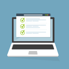 Finestra del browser dell'elenco di controllo. Segno di spunta. Segno di spunta bianco sullo schermo del laptop. Scelta, concetti di indagine. Elementi per banner web, siti web, infografiche. Design