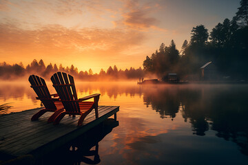 Two wooden chairs on a wood pier overlooking a lake at sunset 