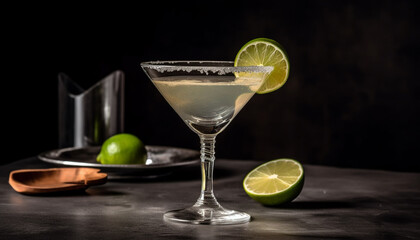 Fototapeta premium Cocktail drink with lime, alcohol, fruit, and refreshing ice slice generated by AI