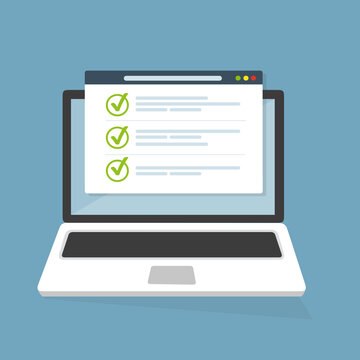 Finestra del browser dell'elenco di controllo. Segno di spunta. Segno di spunta bianco sullo schermo del laptop. Scelta, concetti di indagine. Elementi per banner web, siti web, infografiche. Design