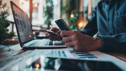 businessman work on computer and cellphone consider financial diagrams graphs. Male CEO or employee analyze finances statistics on laptop and smartphone