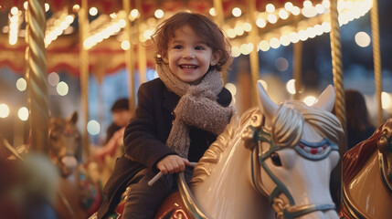 Close-up of Children joyfully riding a vintage carousel adorned with festive lights