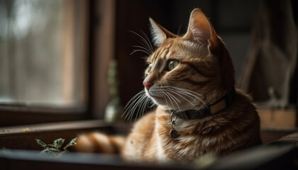 Cute kitten sitting by window, staring with curious yellow eyes generated by AI