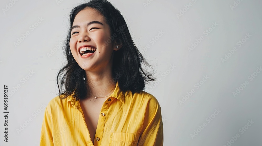 Wall mural Cheerful beautiful Asian woman in a yellow shirt and stand on white background