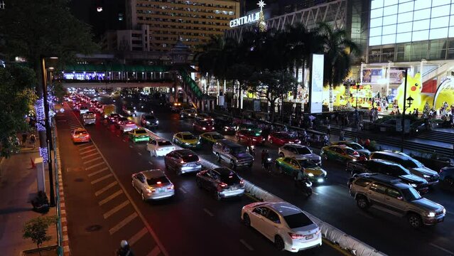 City street with car traffic. Traffic jam during rush hour. urbanity Bangkok Thailand