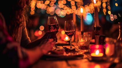 Romantic Dinner Table Setting with Drinks for Valentine's Day, Infused with Warmth and Harmony