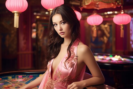 Pink oriental themed casino online girl models wearing pink dress