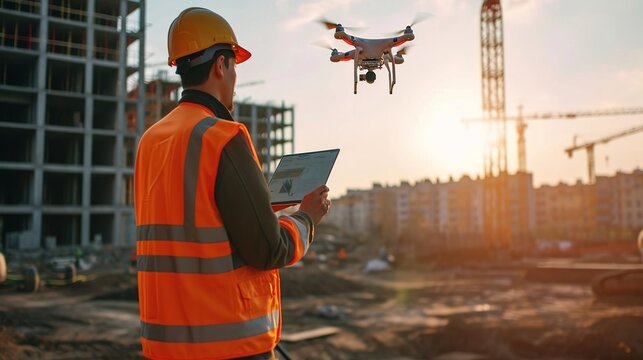 civil engineer control and piloting drone for inspect a construction site