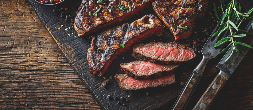 Grilled top sirloin or cup rump beef meat steak on wooden board
