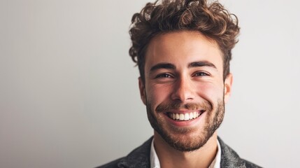 Obraz premium Closeup portrait of handsome, smiling, successful young business man, student, worker, employee, isolated on white background. Positive human emotions facial expressions