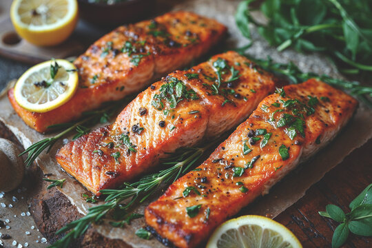 Tasty and fresh cooked salmon fish fillet with lemon and rosemary