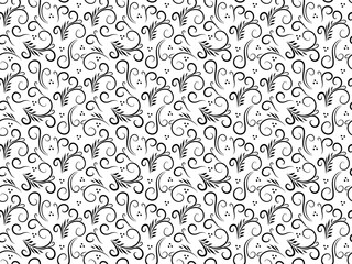 Seamless black and white doodle pattern with ethnic floral pattern