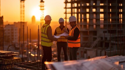 Construction engineers discussion with consultant people at construction site of highrise building with blueprints