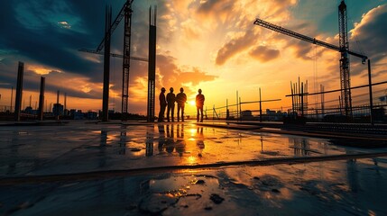 Construction engineers supervising progress of construction project stand on new concrete floor top roof and crane background - obrazy, fototapety, plakaty