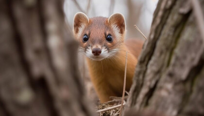 Obraz premium Cute mammal sitting on branch, looking at camera with curiosity generated by AI