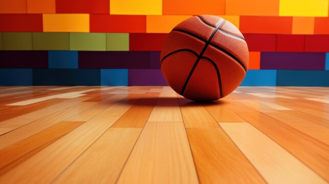 Basketball ball sitting on wooden basketball court against background with multicolored, rainbow plates. Selective focus