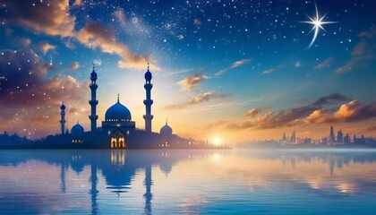 Ramadan Kareem religious background with mosque silhouettes reflected in serene sea - obrazy, fototapety, plakaty