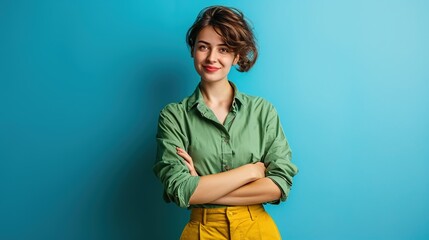cool attractive business lady short hairstyle friendly smiling responsible person arms crossed wear casual green shirt yellow pants isolated blue color background - obrazy, fototapety, plakaty