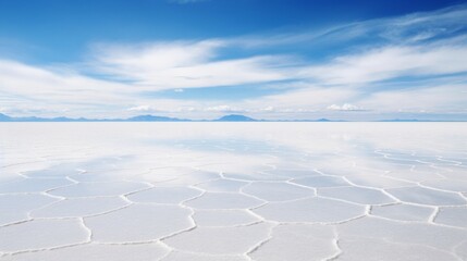A panoramic view of a salt flat in the desert, mirroring the sky.