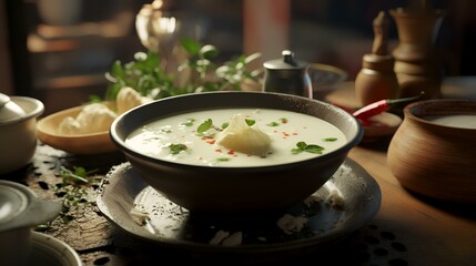 Creamy soup with potatoes and herbs in a bowl on the table