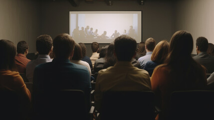 Obraz premium Audience in a conference room or seminar meeting showing a presentation video