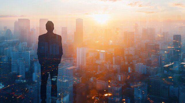 Double exposure image of the business man standing back during sunrise overlay with cityscape image. The concept of modern life, business, city life and internet of things