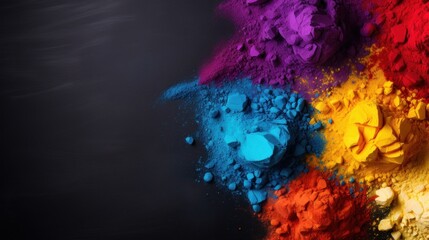 scattered piles of different colored powder on a matte dark background, holi festival, top view banner, copy space