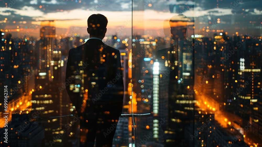 Poster Double exposure photo a businessman and view of the city