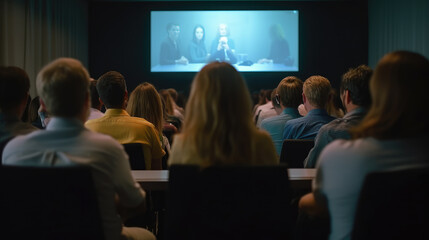 Audience in a conference room or seminar meeting showing a presentation video