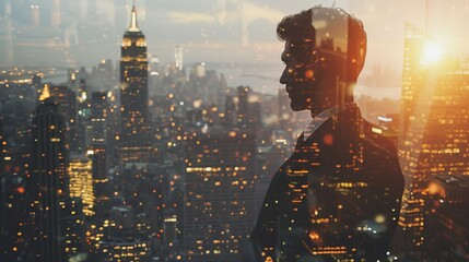 Double exposure photo a businessman and view of the city