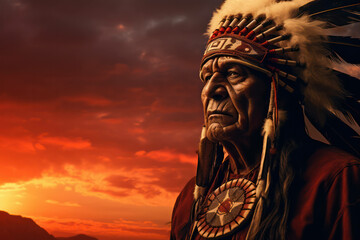 Man ancient head portrait person background native man chief american culture indian headdress - obrazy, fototapety, plakaty
