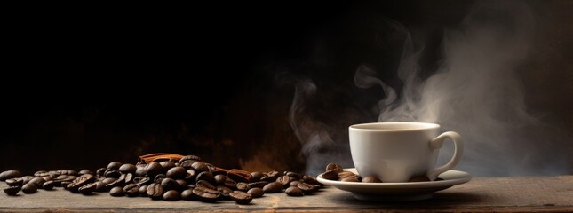 
cup of hot coffee with coffee beans