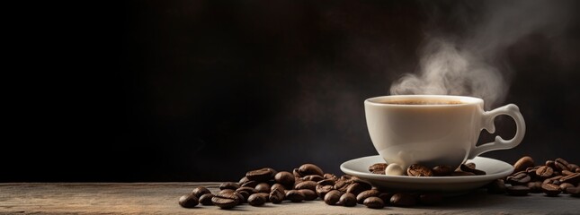
cup of hot coffee with coffee beans