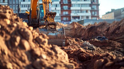 Fototapeta premium excavator in construction site on sunset sky background
