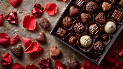 Fototapeta na wymiar Sweet Romance: Box of Chocolates and Petals - Generative AI