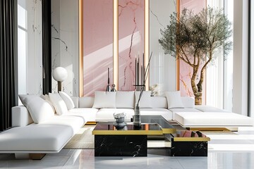 Futuristic Royalcore Living Room: White and Pink with Black Panels