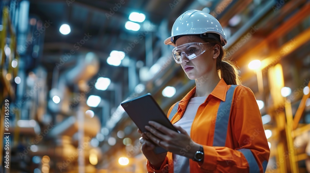 Canvas Prints Female chief engineer in modern industrial factory using tablet and making audit