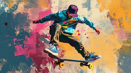 80s Urban Lifestyle: Skateboarder with Street Art Background - obrazy, fototapety, plakaty