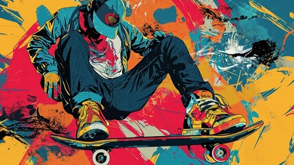 80s Urban Lifestyle: Skateboarder with Street Art Background