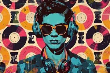 Retro Party Vibes: 80s DJ with Vinyl Records Wall Poster