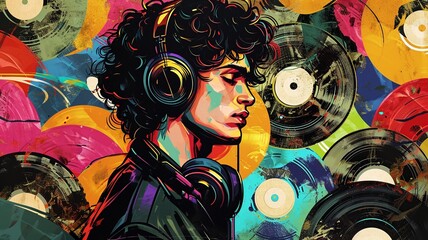 Retro Party Vibes: 80s DJ with Vinyl Records Wall Poster